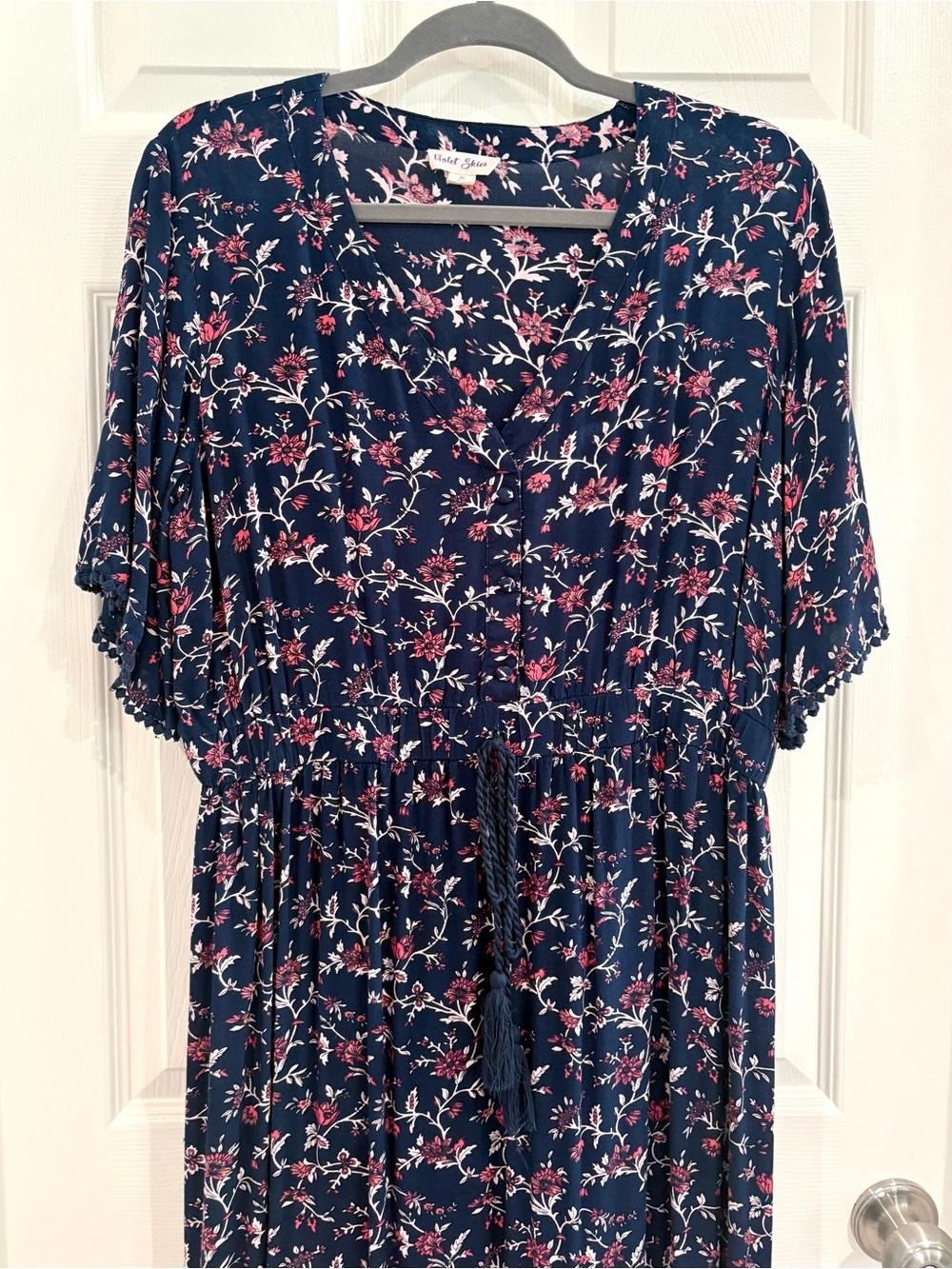 Violet Skies Boho Floral V-Neck Flowy Short Sleeve Navy Maxi Dress Women Size XL - Picture 6 of 15